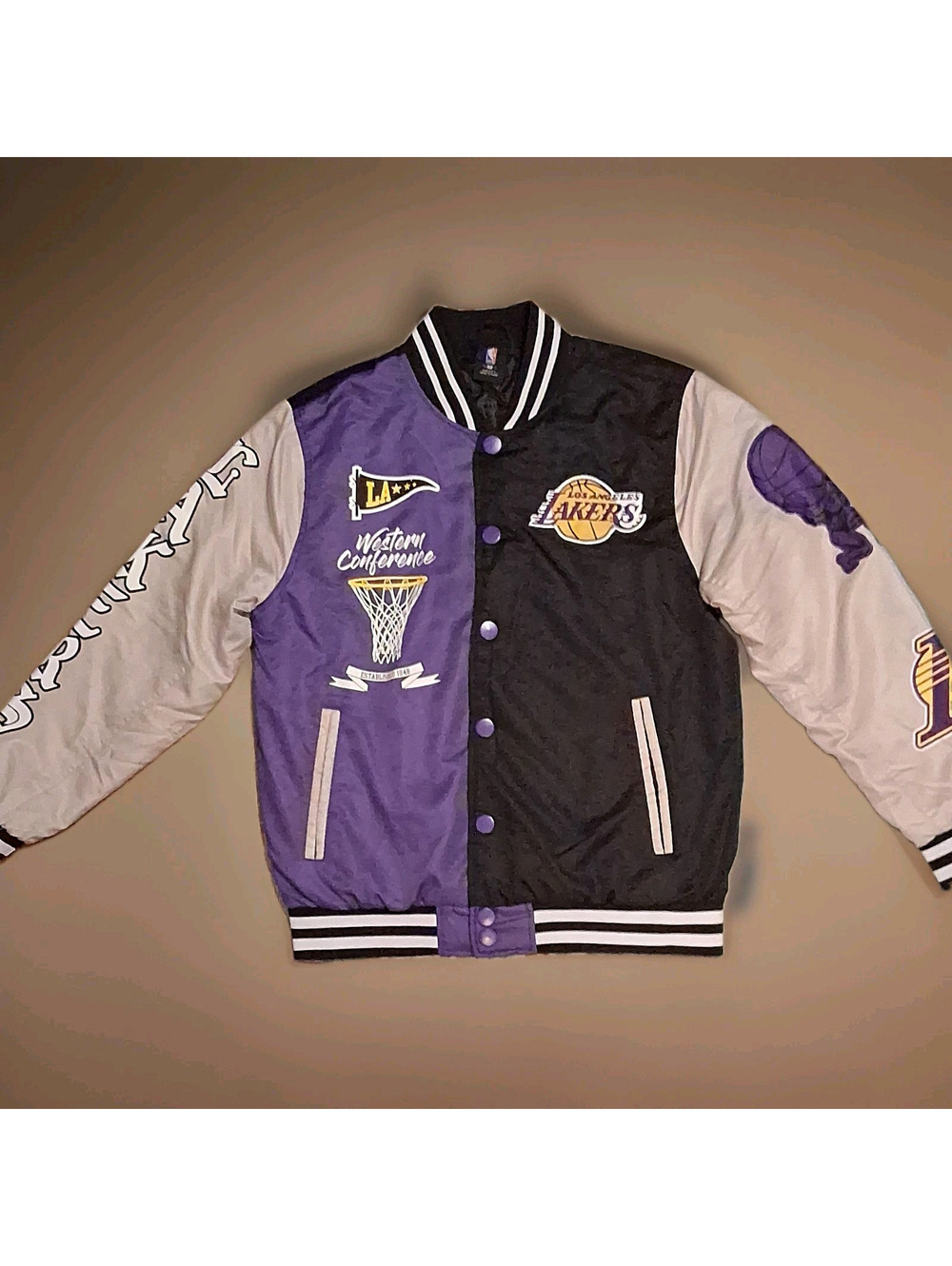 NBA Los Angeles Lakers Varsity Snap-Front Jacket Black/Purple/White Size S